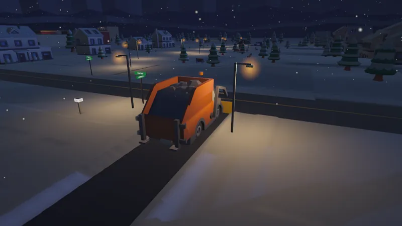 The orange city plow clearing a street at night under the streetlights