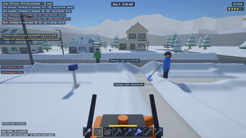 First-person view running a two-stage snowblower down a sidewalk, with the job list and tool belt on screen