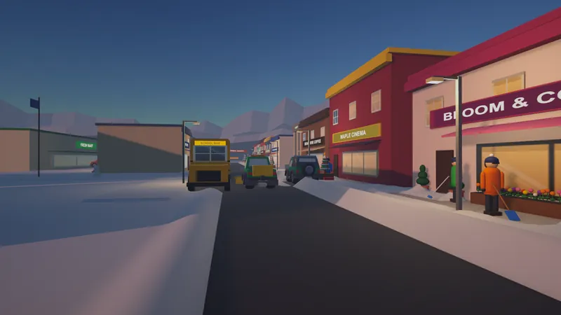 The pickup plowing Main Street at dawn while the crew shovels outside Bloom and Co.