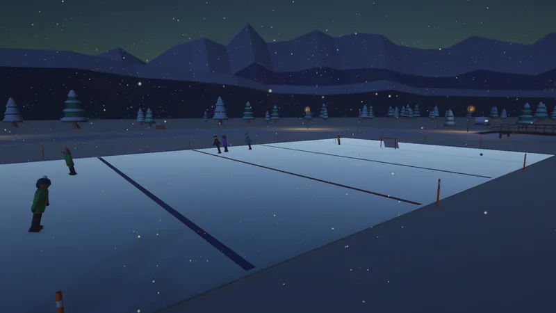 Skaters on the cleared pond rink at night